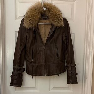 Marc New York Dark Brown Leather Jacket with Faux Fur Collar